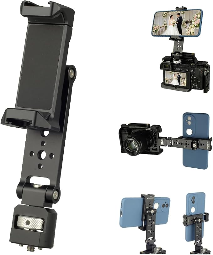 Metal Phone Camera Mount Holder with 1/4” Locating Screw for ARRI, Universal Phone Tripod Mount Adapter with Cold Shoe for iphone 17/16/15, 360° Swivel 230° Tilt Tripod/Camera Phone Holder Support by Unknown