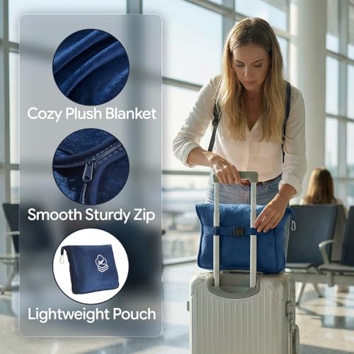 Travel Blanket, Soft 2-in-1 Airplane Blanket, Light Grey, Navy Blue, Peachy Pink, Travel Essentials Car Blanket with Luggage Sleeve & Backpack Clip - Image 4