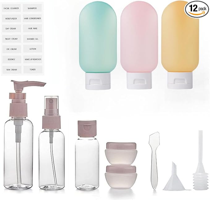 12pack Travel Bottles for Toiletries, TSA Approved Travel Size Toiletries Containers, Travel Bottles Set with Labels Leakproof Squeezable Refillable Airplane Travel Accessories by ZLSSETEC-EnjoyYourLife
