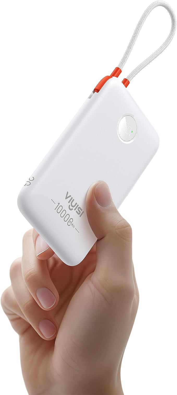 VIYISI 0.58” Slim Portable Charger Small 10000mAh with Built-in USB C Cable | 20W Compact Power Bank Fast Charging Battery Pack, Campus Essential for iPhone 17 16 15 Samsung S25 A16 Android-White by VIYISI