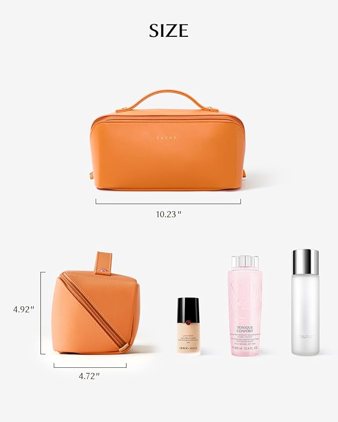 EACHY Travel Makeup Bag for Women, Flat Open Cosmetic Bag, Orange, Large | Flat-open cosmetic organizer with pockets and clear TPU brush compartment for makeup, toiletries and travel essentials - Image 6