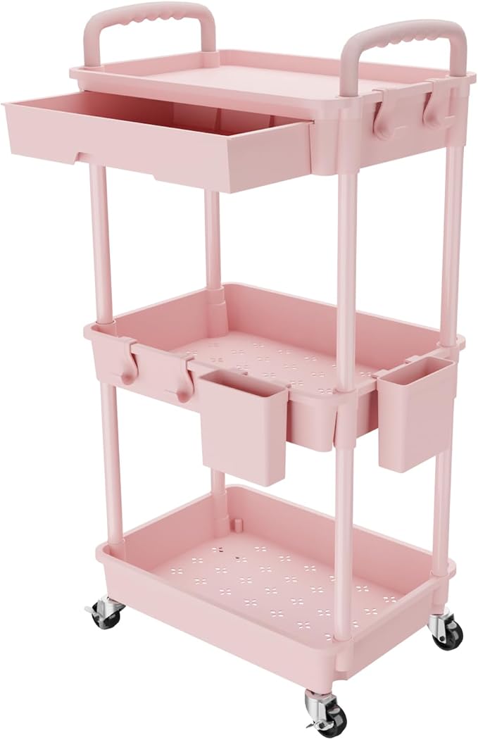 REBECAT 3 Tier Rolling Utility Cart with Drawer,Storage Cart,Rolling Cart for Kitchen,Bathroom,Living Room,Storage Organizer with Iron Wheels（Pink by REBECAT