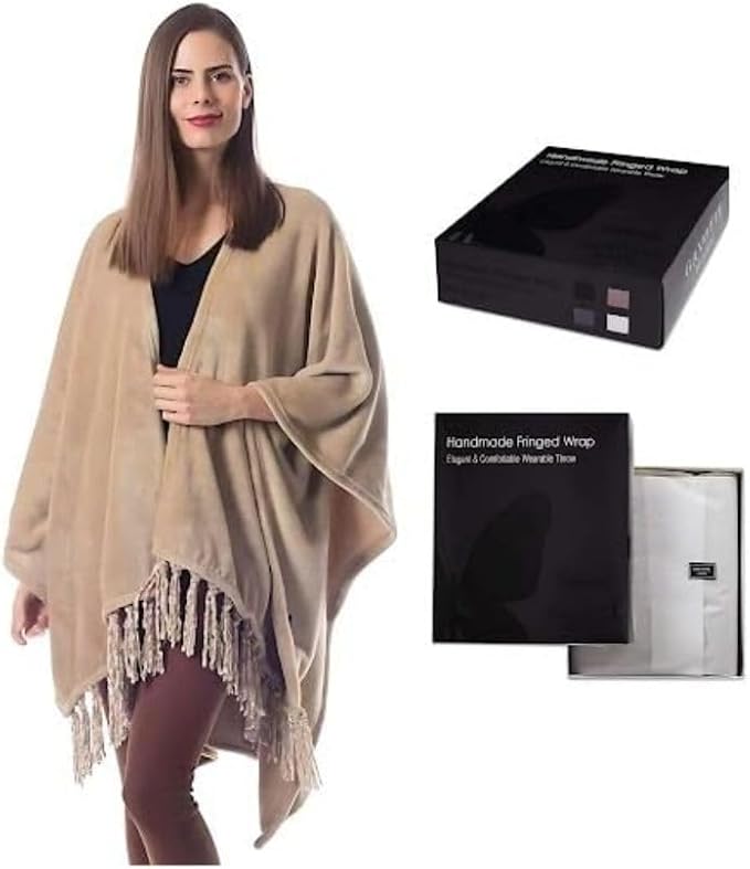 Travel Wrap for Women, Fleece Scarf for Women Airplane, Lightweigh and Warm Shawl with Fringes, this Blanket Scarf Makes a Great Gift for Mom - Beige by ShopBedding