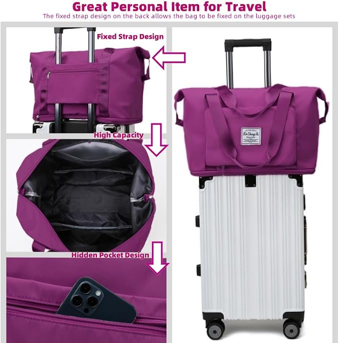 Large Capacity Foldable Travel Bag, Expandable lightweight Carry on Bag, Dry with Wet Separation Spor Duffel Bags (Fuchsia) - Image 3