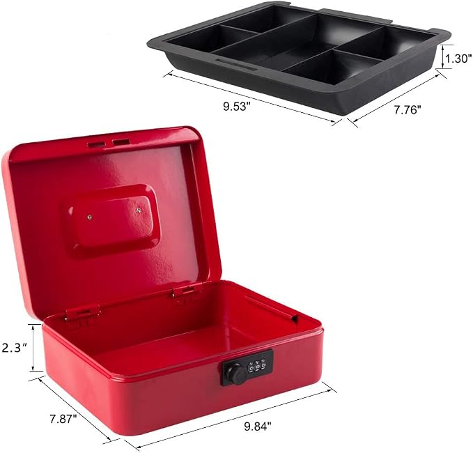 KYODOLED Large Cash Box with Combination Lock Safe Metal Money Box with Money Tray for Security Lock Box 9.84"x 7.87"x 3.54" Red Large - Image 3