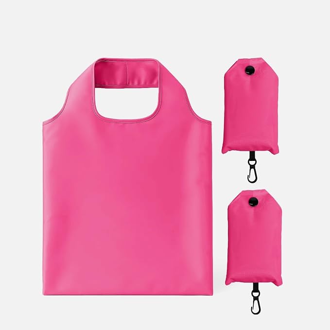 2 Pack Foldable Shopping Bag, Reusable Grocery Tote Bag, Rose Pink | Waterproof Nylon, 35 Pounds Weight Capacity, Pocket Size Carrier by Unknown
