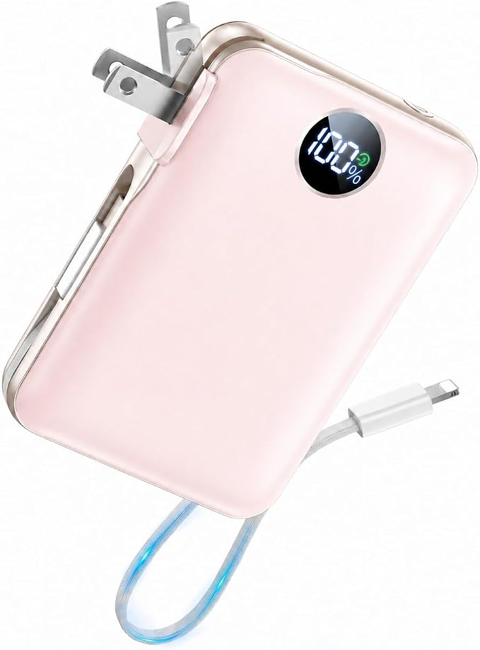 Portable Charger Power Bank 10000mAh, 45% Smaller Built-in Cables & AC Plug | Built-in Cables & AC Plug, 22.5W Fast Charging, 4-Device Charging, Travel Essential, for iPhone, iPad & Samsung Galaxy, Pink by Unknown