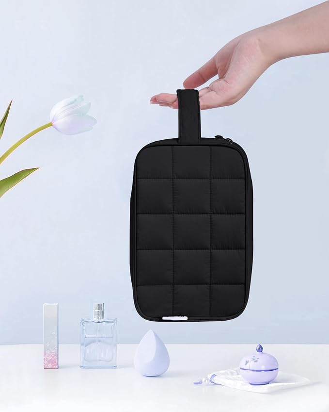 Narwey Quilted Makeup Bag Puffy Make up Bag Cosmetic Bag Organizer, Puffer Travel Toiletry Bag for Traveling Women Girl, Travel Bag for Toiletries, Skincare Medicine Bags (Black) - Image 6