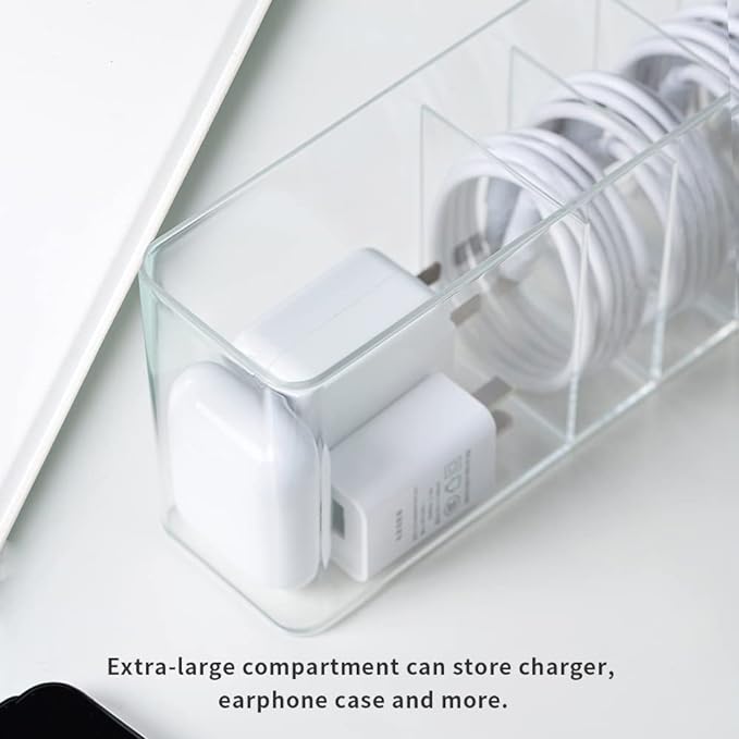 Charger Cable Cord Storage Organizer Box - Easy Storage Without Cable Ties | Stackable,with Lid,Dust-Proof,Space Saving,6 Standard Space and 1 Larger Space,for Home Office Desk Accessories Supplies - Image 5