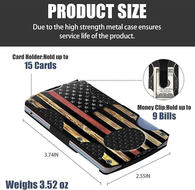 Wood Grain Firefighter American Flag Minimalist Wallet for Men | Slim RFID Aluminum Metal Wallet, Scratch Resistant & Seamless, Credit Card Holder & Money Clip, Ideal Firefighter Gift - Image 3