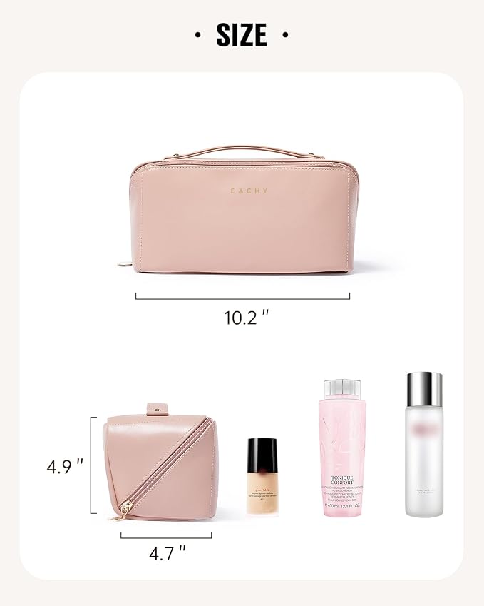 EACHY Travel Makeup Bag for Women, PU Leather Cosmetic Bag, Pink, Large | Water-resistant PU leather exterior with flat-open access, clear TPU brush compartment and organized storage for cosmetics - Image 6