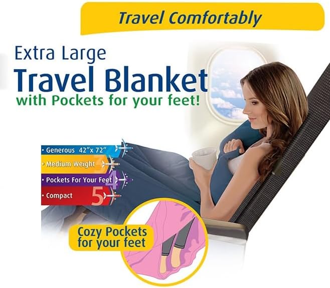Extra Large Airplane Travel Blanket for Your Flight, Car, Camping, Home or Comforting Warmth Anywhere! Includes Warm Cozy Pockets for Your Feet and a Travel Bag - Black - Image 3