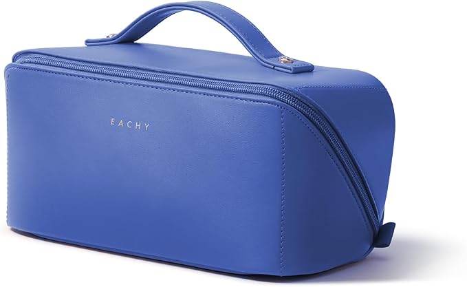 EACHY Travel Makeup Bag for Women, Flat Open Cosmetic Bag, Blue, Medium | Flat-open cosmetic organizer with pockets and clear TPU brush compartment for makeup, toiletries and travel essentials by EACHY