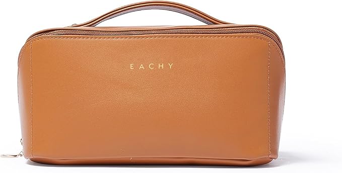 EACHY Travel Makeup Bag for Women, PU Leather Cosmetic Bag, Brown, Medium | Water-resistant PU leather exterior with flat-open access, clear TPU brush compartment and organized storage for cosmetics - Image 9