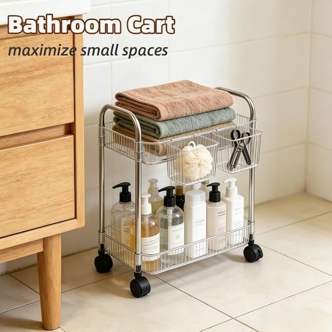 2 Tier Utility Rolling Cart with Wheels Sofa Side Table Small Under Desk Storage Organizer, Clear Acrylic Plastic Mobile Trolley Organization Storage Cart for Kitchen Pantry Bathroom Vanity - Image 6