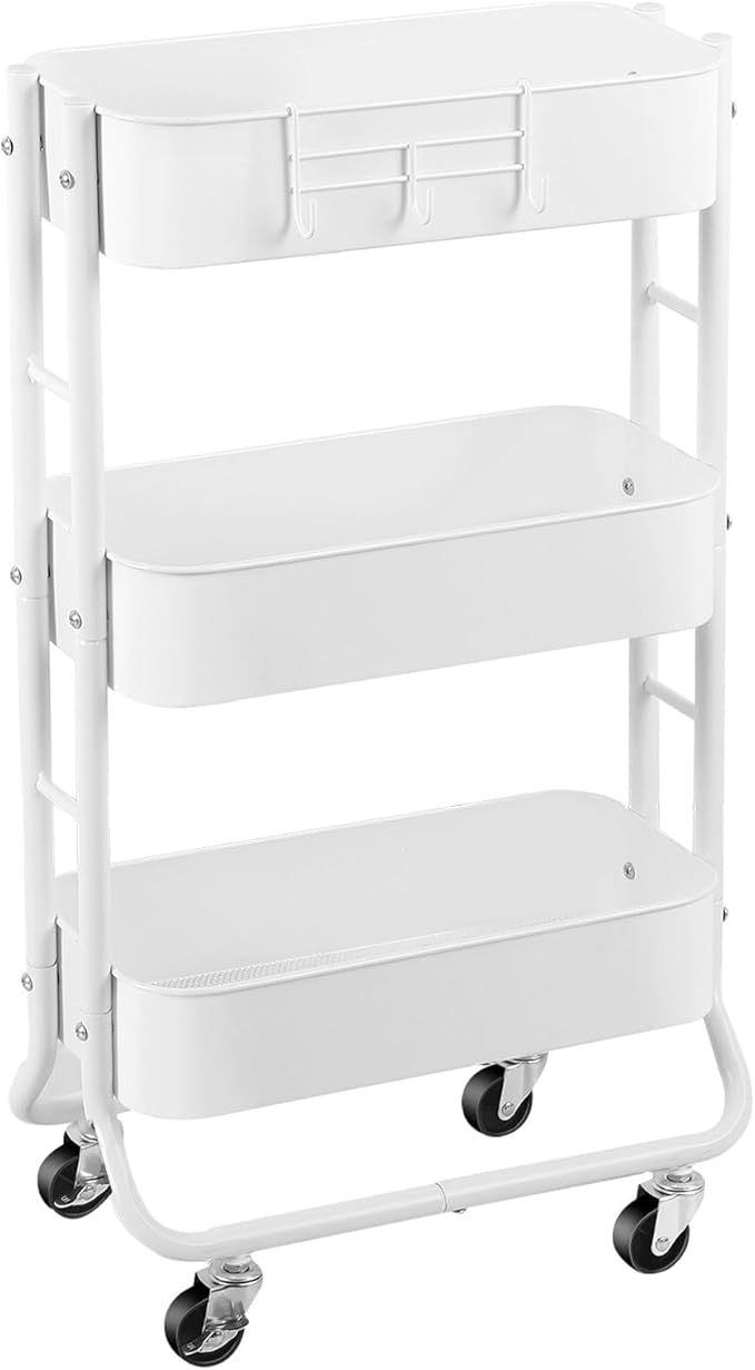 MAX Houser Slim 3-Tier Rolling Utility Cart with Extra Hook, White | Narrow Metal Bathroom Storage Multifunctional Organizer Carts with Wheels with Extra Hook, Laundry Room,Kitchen,Small Space by MAXHouser