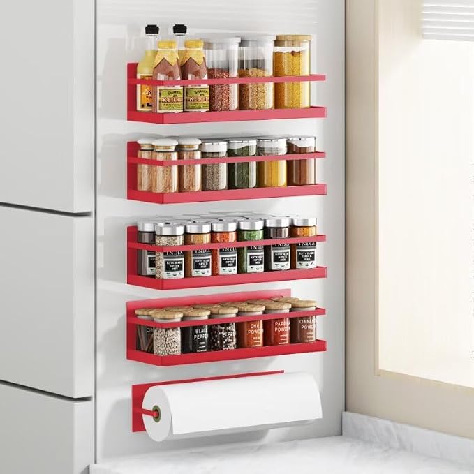 Magnetic Spice Rack For Refrigerator, Space Saving Magnetic Shelf For Fridge Red 4 Pack With Magnetic Paper Towel Holder - Image 2