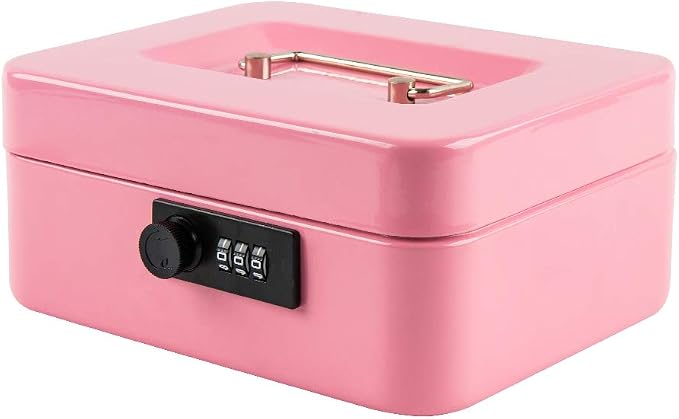 KYODOLED Medium Cash Box with Combination Lock Safe Metal Money Box with Money Tray for Security Lock Box 7.87x 6.30x 3.54Inch Pink Medium by KYODOLED