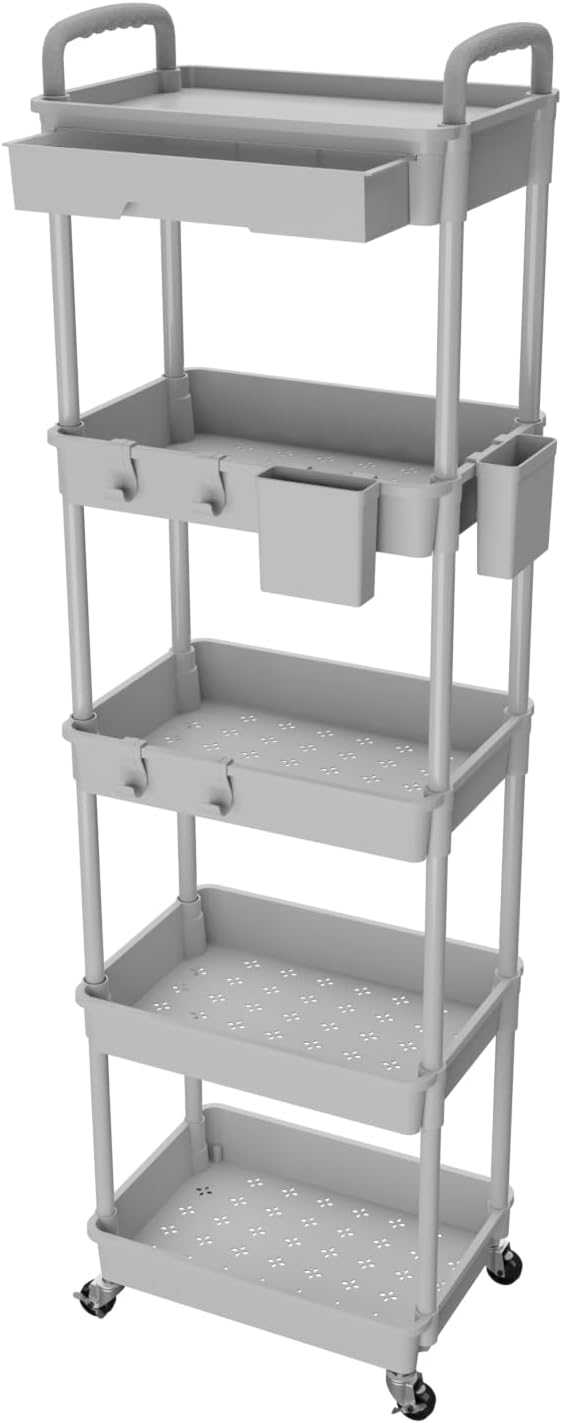 5 Tier Rolling Utility Cart with Drawer,REBECAT Utility Cart Made of Multifunctional Storage Organizer Tool for Kitchen,Bathroom,Living Room,Office(Gray) by REBECAT