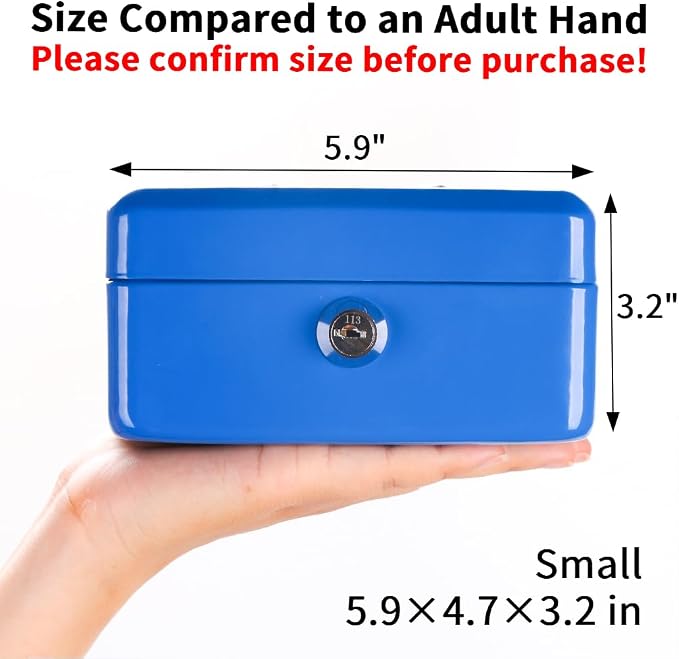 Decaller Small Cash Box with Key Lock, Double Layer Metal Money Box for Home Security, Portable Locking Box, 5.9" x 4.7" x 3.2", Blue - Image 5