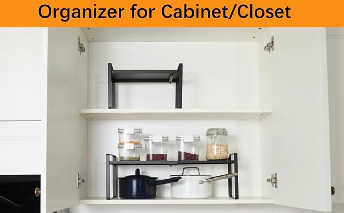 2-Pack Expandable Shelf Organizer for Kitchen Countertop, kitchen organizers and storage，under sink expandable shelf organizer (black, 8.2’’D * 12.2-21.6’’W * 7.7’’H) - Image 3