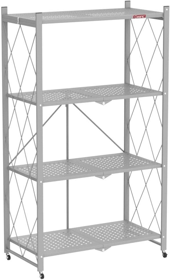DEANIC 4 Tier Foldable Storage Shelves with Wheels, Large Capacity Shelving Unit, Freestanding Metal Wire Shelf Rack, No Assembly Organizer Rack for Garage Kitchen, Basement, Pantry(Grey) - Image 4