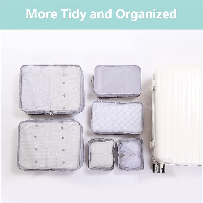 Packing cubes for Travel, CALACH Luggage Organizer Bags 6 Set Packing Cubes for Suitcases Travel Essentials for Carry on Mesh Suitcase Organizer with Shoe Bag (grey) - Image 7