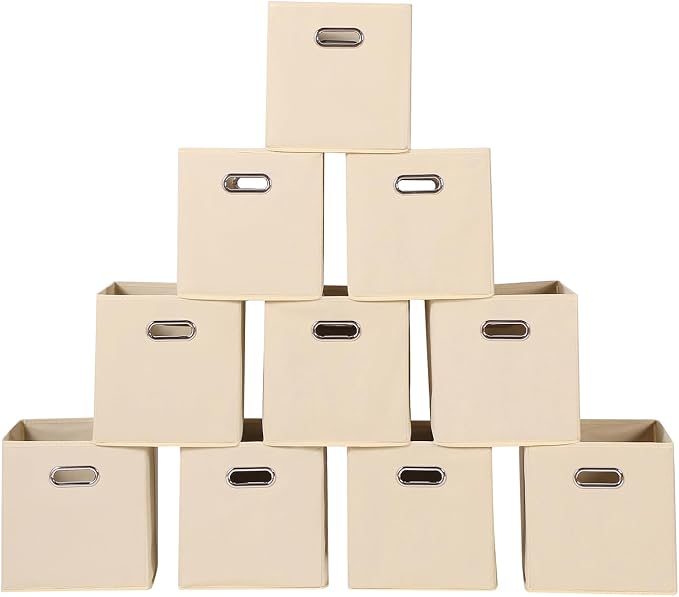 Fabric storage bins Cubes, Fabric Cube Organizer with Handle, Foldable Cube Bins for Cloth or Accessary Storage, 11x11x11, Set of 10, (Creamy White) by Yunkeeper
