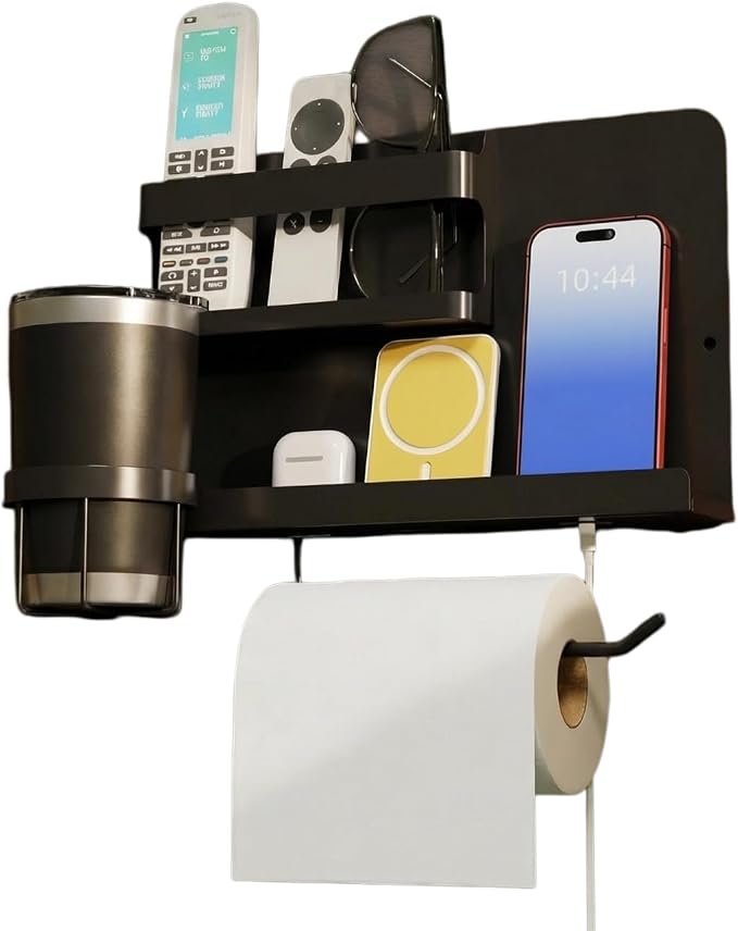Floating Shelves for Bedside, Self Stick On Wall Mount Shelf Organizer with Hooks, Cute Room Decor Aesthetic, Multi-Functional Storage for Bedroom, Office, No Drilling Adhesive Hanging Shelf​ (Black) by Unknown