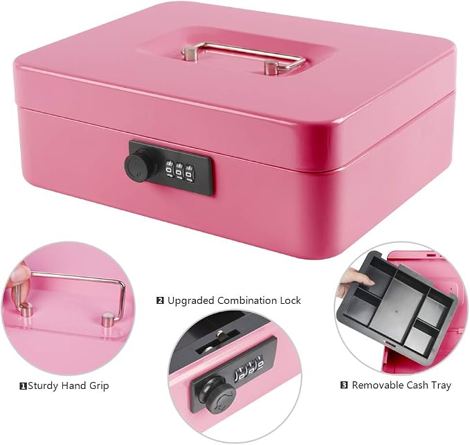 Kyodoled Large Cash Box with Combination Lock,Safe Metal Money Box with Money Tray for Security Lock Box 9.84"x 7.87"x 3.54" Pink Large - Image 2