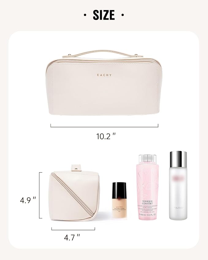 EACHY Travel Makeup Bag for Women, PU Leather Cosmetic Bag, White, Large | Water-resistant PU leather exterior with flat-open access, clear TPU brush compartment and organized storage for cosmetics - Image 6