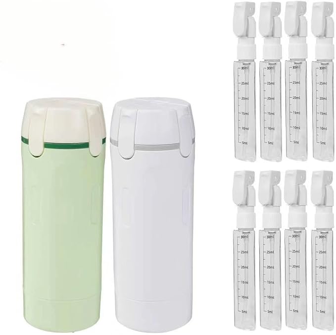 4 in 1 Travel Dispenser Bottle, Refillable Leak Proof and Portable for Shampoo, Conditioner, Shower Gel & Toiletries - Perfect for Vacation, Camping & Gym.(White+Green) by Unknown