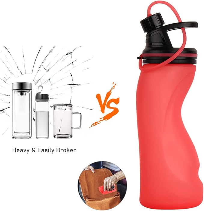 E-Senior Collapsible Water Bottle BPA Free - Foldable Water Bottle for Travel Sports Bottles with Triple Leak Proof Lightweight 17oz (Upgraded Fire Red) - Image 4