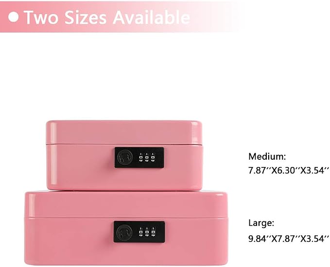 xydled Steel Cash Box Safe with Combination Lock,Money Safe Box with Removable Coin Tray,Medium,7.87"x 6.30"x 3.54",Pink - Image 7