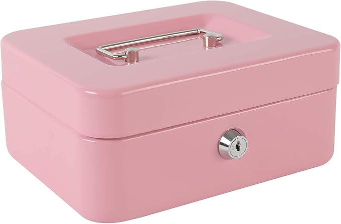 xydled Locking Steel Medium Cash Box with Removable Coin Tray and Key Lock,7.87"x 6.30"x 3.54",Pink - Image 8