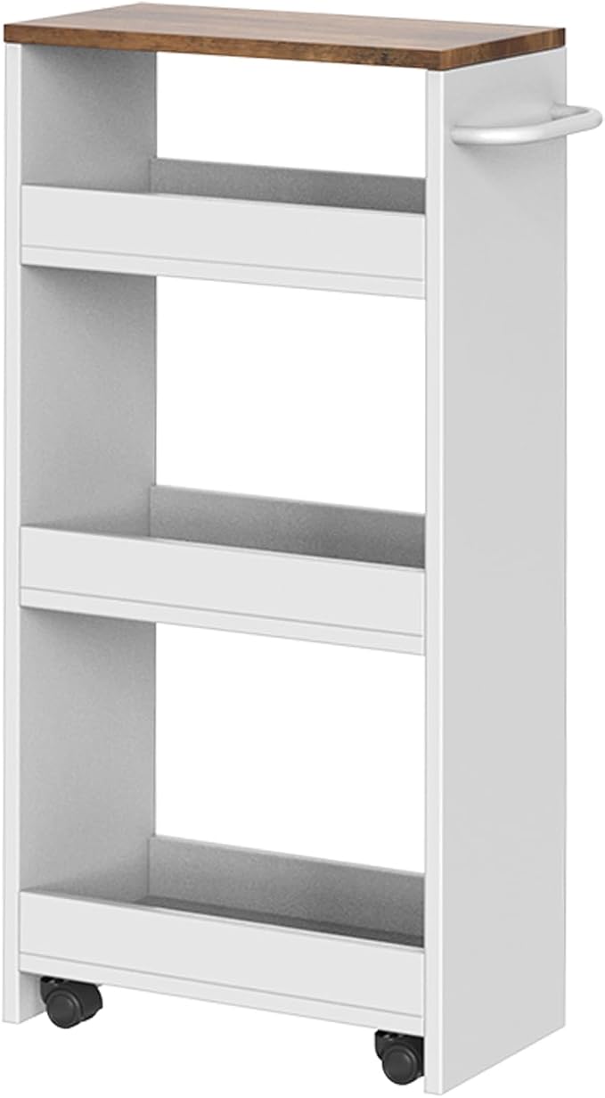 Slim Storage Cart, Slim Storage Rack on Wheels, Rolling Trolley with Handle, Storage Organizer, for Kitchen, Dining Room, Living Room, Laundry Room, White and Walnut MTC01WL - Image 7