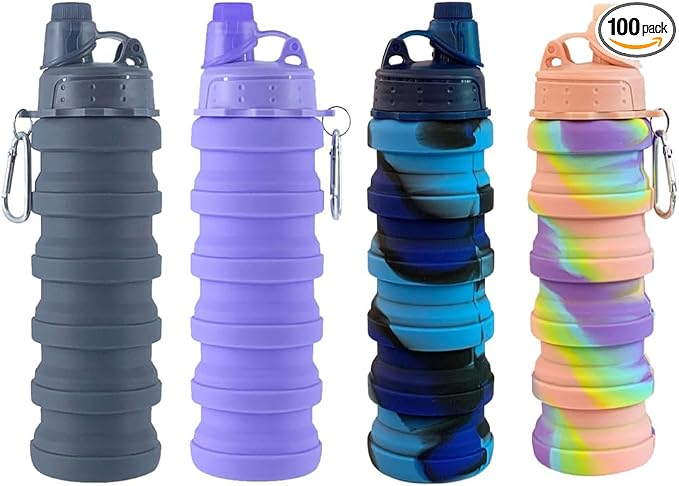 Collapsible Water Bottles 4 Pack 500ml (Grey+Purple+Blue+Pink) | Travel Sports Portable Water Bottle Reusable Water Bottles silicone Water-proof camping water bottle. by Dontinhu