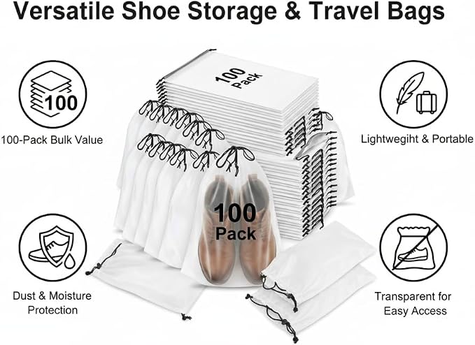 100 Pack Travel Shoe Bags, Waterproof Clear Shoe Storage Bags with Drawstring, Large Portable Shoe Organizer for Packing, 15.7 x 11.8 Inch Travel Essentials for Women and Men (Translucent) - Image 4