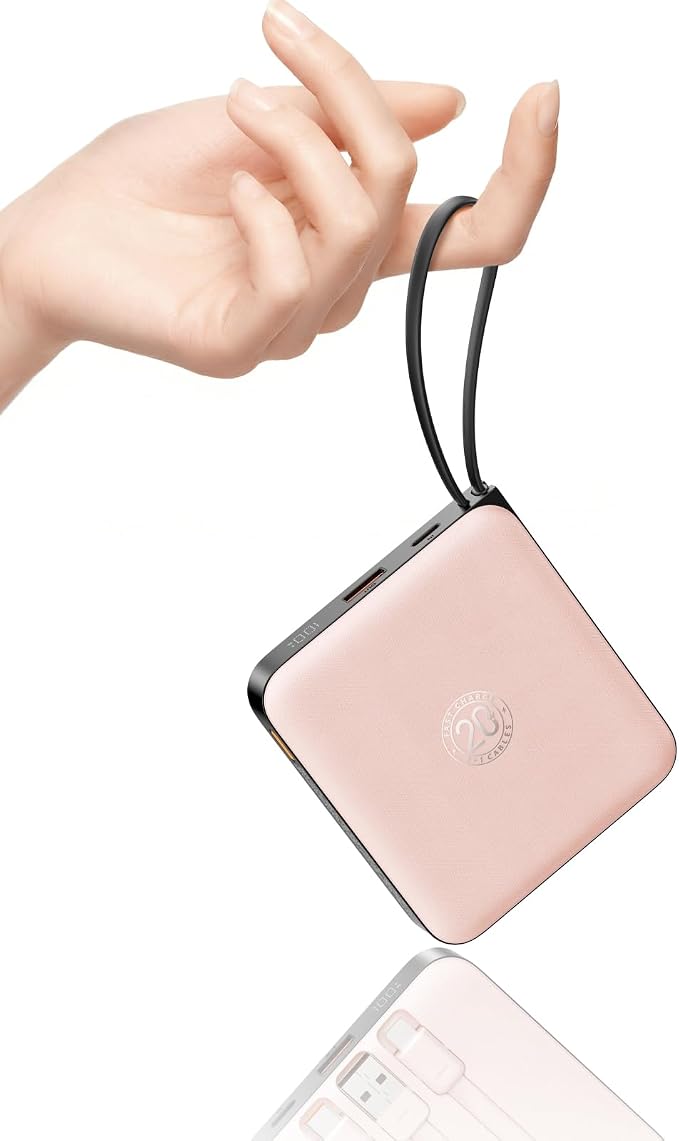 VRURC Portable Charger for iPhone Built-in Cables, 22.5W USB C Fast Charging 10000mAh Pocket Power Bank, Battery Pack for iPhone 17/16/15 & Samsung Galaxy Android Phone, Pink(1 Pack) by Home