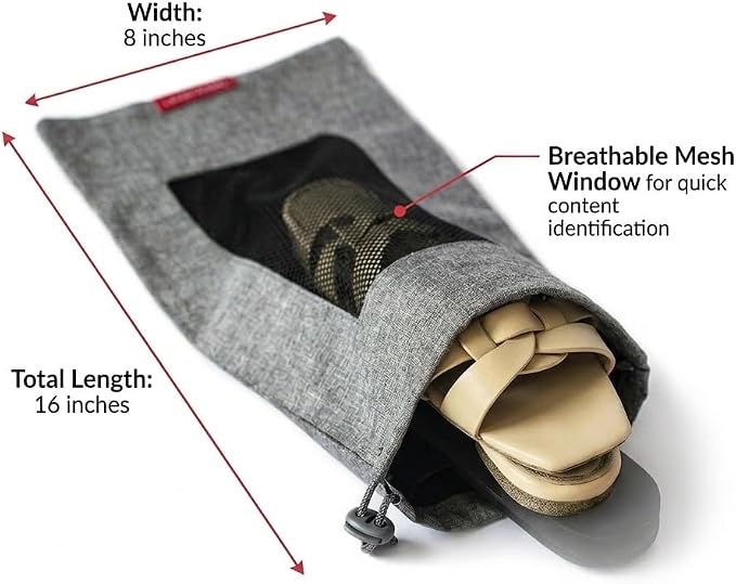 LeanTravel Shoe Bags with Mesh Window, Drawstring Cord Lock, Set of 6, Grey - Image 4