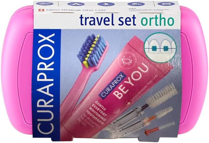 Curaprox Ortho Travel Set, Pink, Set with CS 5460 Ortho, Toothpaste, IDB | Curaprox 5460 Ortho Ultra-Soft Toothbrush, Interdental Brushes, BeYou Toothpaste, 9.5 x 6cm (3.7 x 2.3 inch), Swiss Oral Care by Curaprox