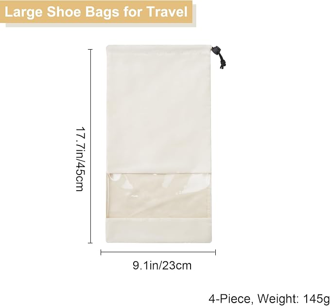 4 Pcs Single Shoe Bags for Travel, Drawstring Shoe Bags with Clear Window | 9.1"x17.7" Fits Most Shoes, Dust Resistant, Washable & Reusable, Travel Shoe Storage Bags for Men & Women - Image 3
