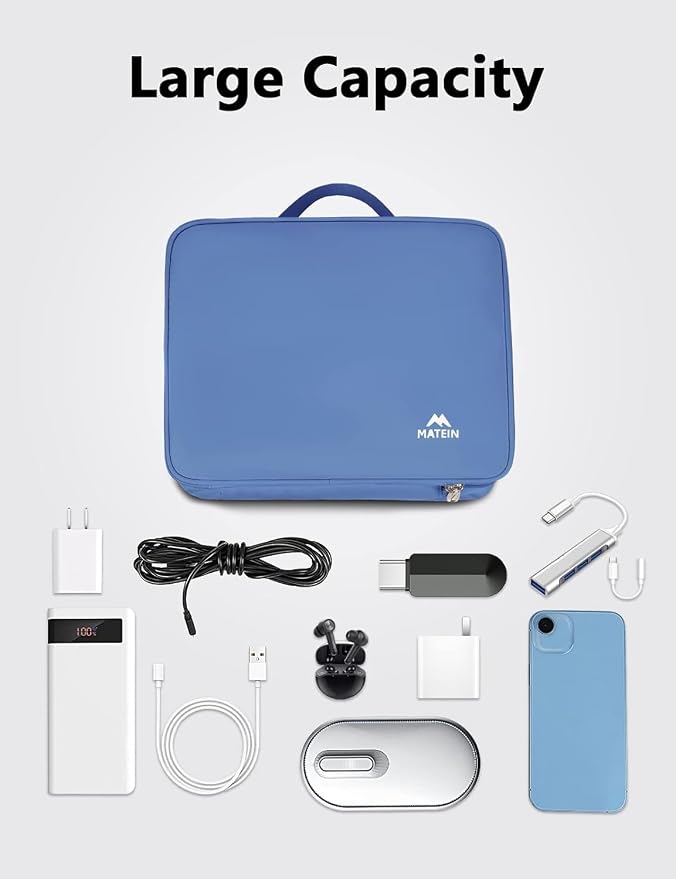 MATEIN USB Cable Organizer Bag, Water Resistant Large Travel Tech Organizer | Electronic Accessories Case with Handle for Tablet, Cable, USB, Hard Drive, Double Layers Travel Gift for Men and Women, Blue - Image 2