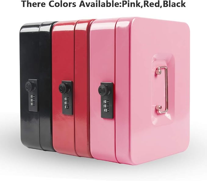 Kyodoled Large Cash Box with Combination Lock,Safe Metal Money Box with Money Tray for Security Lock Box 9.84"x 7.87"x 3.54" Pink Large - Image 5