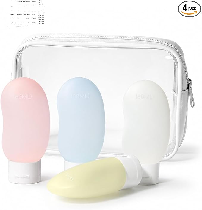 Silicone Travel Bottles, TSA Approved Travel Size for Toiletry 2oz | Ergonomic Grip, Leak-Proof, Refillable, Compact and Portable, Sets with Labels, Suitable for Toiletries, Kidney-Shaped by cryslora