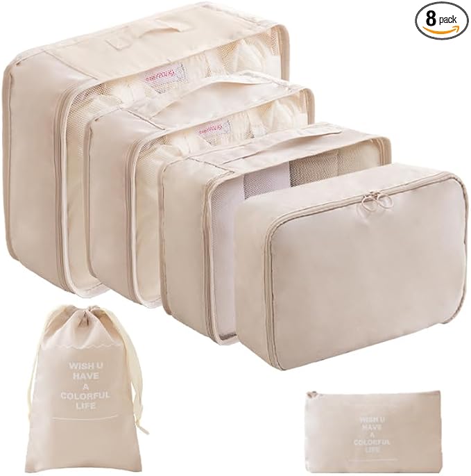 LANSKLBD 6/8 Set Packing Cubes for Suitcases Travel Luggage Packing Organizers,Travel Accessories Essentials Luggage Organizer with Shoe/Tioletry/Laundry Bag (Beige, 6 set) by LANSKLBD