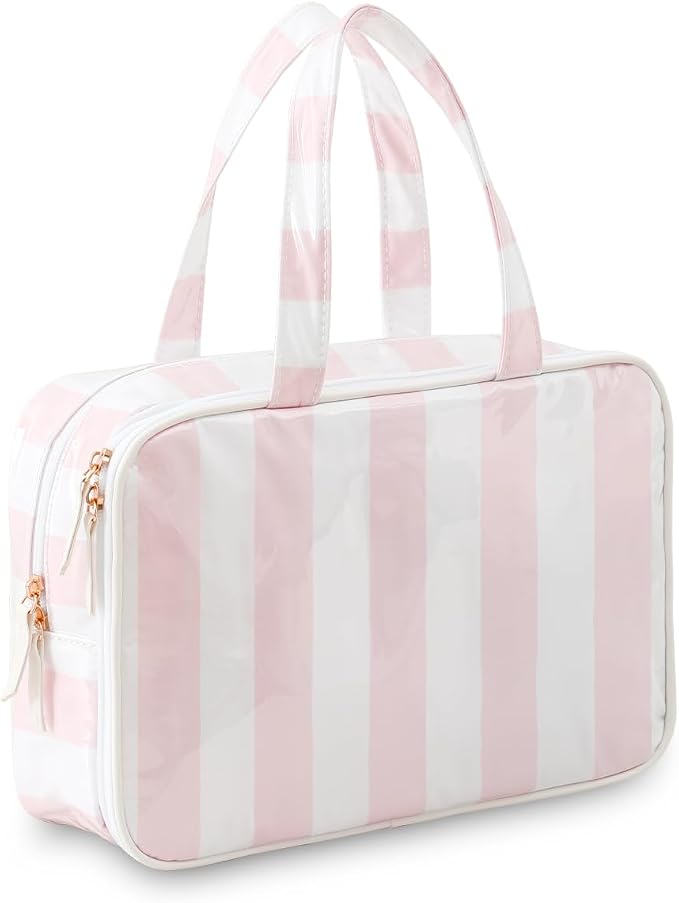 Toiletry Bag for Women, White and Pink Stripe | Clear Coated,Waterproof,Multiple Compartment,Open Flat,Handle,Travel Organizer for Shampoo,Conditioner,Cosmetic Accessories by THOVSMOON