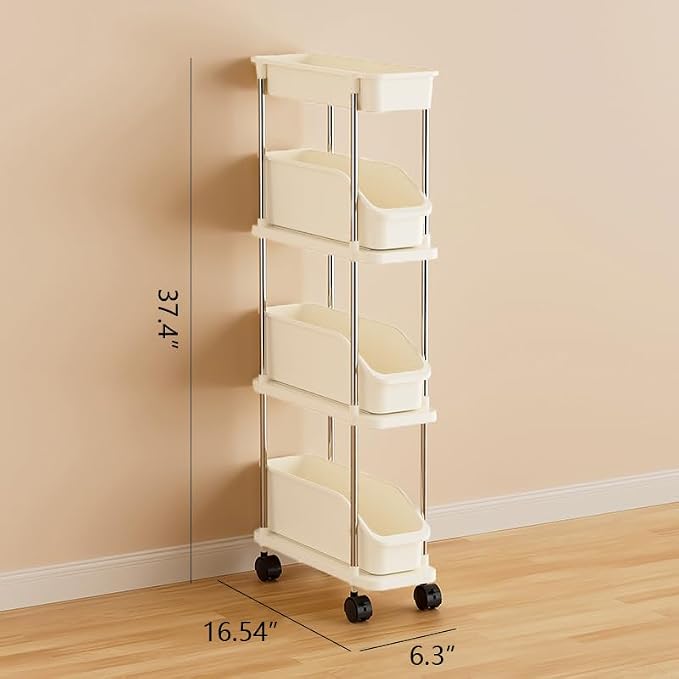 Slim Storage Cart 4 Tier Slim Rolling Utility Cart with Pull-Out Baskets & Wheels for Narrow Space in Kitchen Dining Room Bathroom Laundry Room Cream White (Width 6.3 Inches) - Image 2