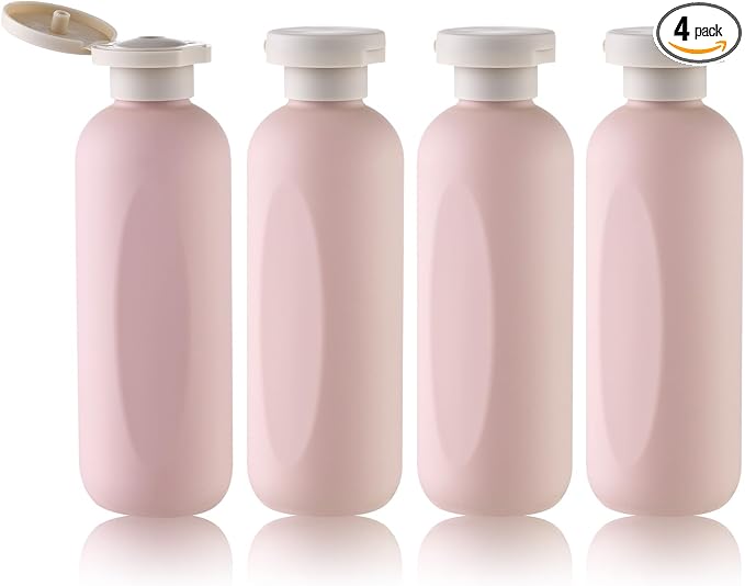 Empty Shampoo Bottles 6.7oz, Pink Flip Cap Refillable Plastic, 4 Pack Set | Toiletry containers for conditioner, big large size squeeze bottles, body wash lotion dispenser, toiletries leakproof liquid by HOME