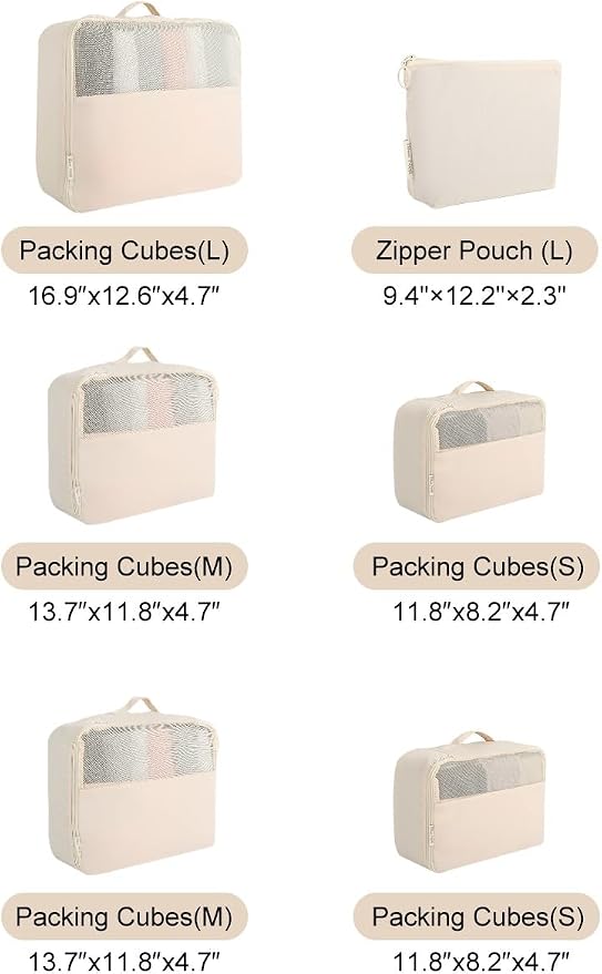 6 Set Travel Packing Cubes, Water-Repellent Nylon Luggage Organizer Bags for Suitcase, Carry-on, Home Storage, Lightweight and Durable (6, Beige, Sollid) - Image 8